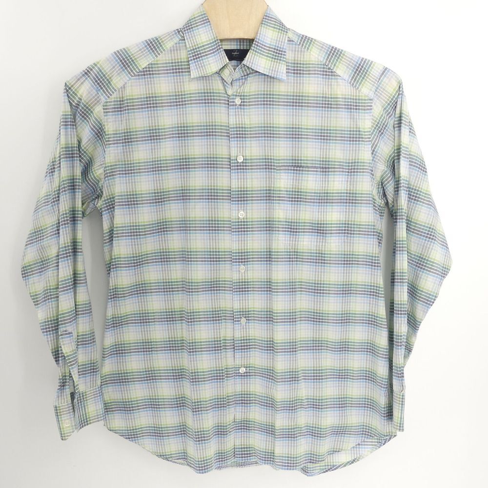 Z Zegna Sport Long Sleeve Shirt Green Gray Blue Plaid Men's Large L